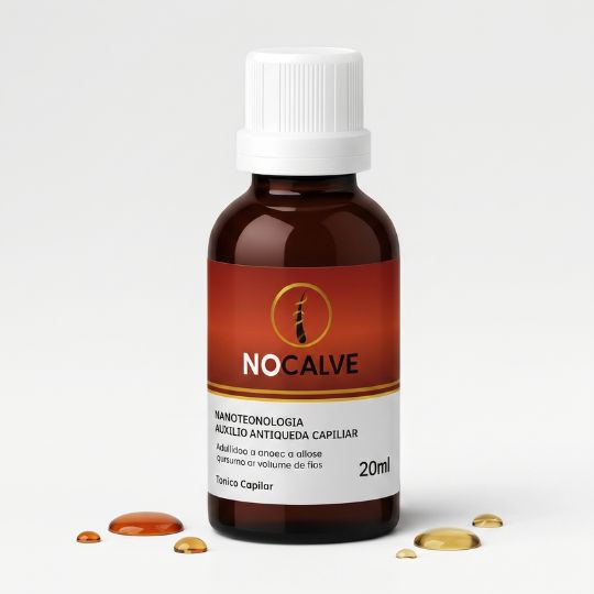 Frasco de tônico capilar Nocalve com nanotecnologia antiqueda em fundo branco com gotas do produto ao redor.