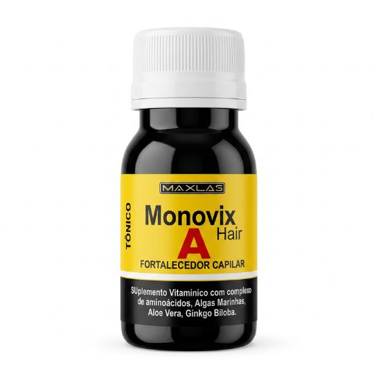 Frasco de tônico capilar Monovix A Hair Maxlas, suplemento vitamínico para fortalecimento dos fios.