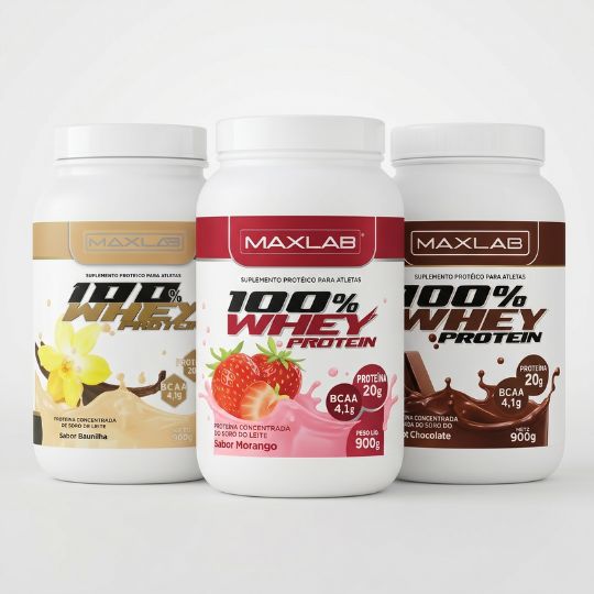 Três potes de 100% Whey Protein Maxlab nos sabores baunilha, morango e chocolate sobre fundo branco.