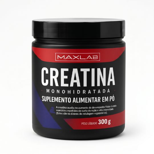 Pote de Creatina Monohidratada Maxlab 300g, suplemento em pó com rótulo preto e detalhes em vermelho e azul.