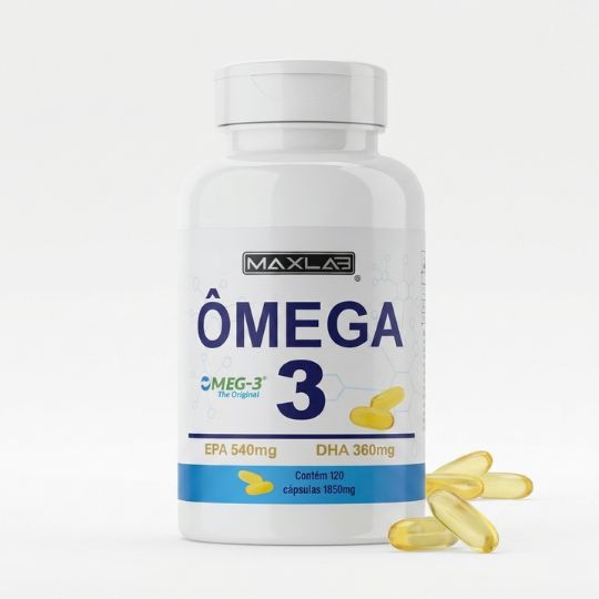 Frasco de Ômega 3 MaxLab com 120 cápsulas, EPA 540mg e DHA 360mg. Cápsulas de gel visíveis ao lado.