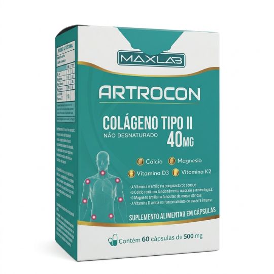 Caixa do suplemento Artrocon Colágeno Tipo II 40mg da Maxlab, para saúde das articulações.