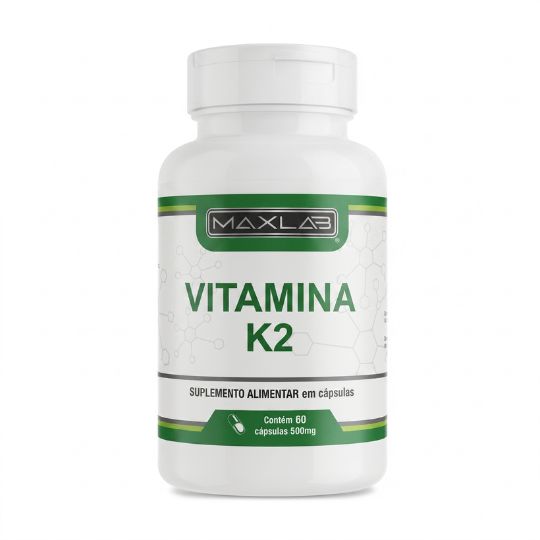 Frasco de Vitamina K2 MaxLab, suplemento alimentar em cápsulas de 500mg com embalagem branca e detalhes verdes.
