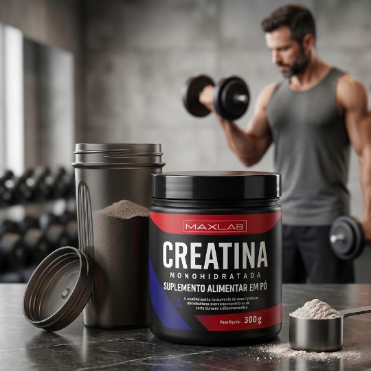 Pote de Creatina Monohidratada Maxlab 300g sobre bancada com coqueteleira e scoop em cenário de academia
