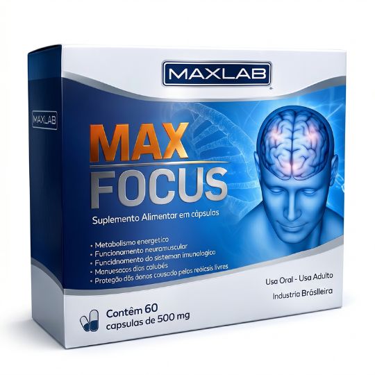 Embalagem azul e branca do suplemento Max Focus Maxlab, destacando ilustração de cérebro e benefícios cognitivos.